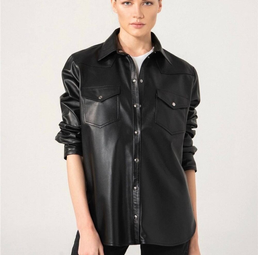 Baccini Womens Vegan Faux Leather Snap Down Shirt Shacket Size Small Black Goth